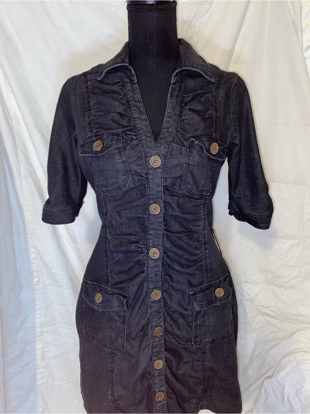 Women’s Y2K Dark Denim Fitted Button-down Dress with pockets